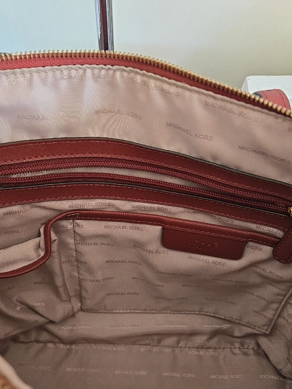 Michael Kors Jet Set  Brick Red Saffiano Leather Tote with Gold MK Charm
